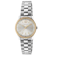Ure^Gucci 29 mm rustfrit stålkasse, lyserød guldbelagt bezel, sølvskive, rustfrit stålarmbånd, kvartsbevægelse Grå