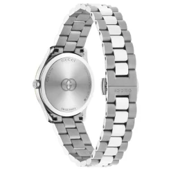 Ure^Gucci 29 mm rustfrit stålkasse, lyserød guldbelagt bezel, sølvskive, rustfrit stålarmbånd, kvartsbevægelse Grå