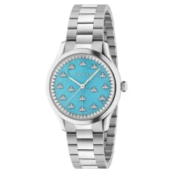 Ure<Gucci 32 mm stålkasse, akvamarin stendial med bier, stålarmbånd Grå