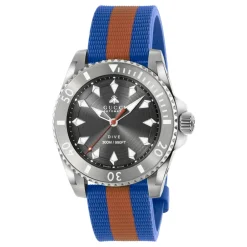 Ure^Gucci 40 mm stålkasse, mørkegrå skive med bi, stållunette, gummirem Multifarvet