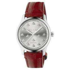 Ure<Gucci 38 mm stålkasse, solbørstet urskive med bier, rød farvet alligatorrem Brun