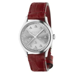 Ure^Gucci 32 mm stålkasse, solbørstet urskive med bier, rød farvet alligatorrem Brun