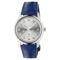 Ure<Gucci 38 mm stålkasse, solbørstet urskive med bier, farvet alligatorrem Blå