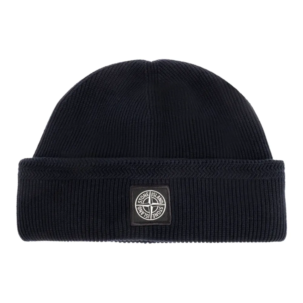 Huer, Kasketter & Hatte<Stone Island Beanie med Kompaslogo-patch Blå
