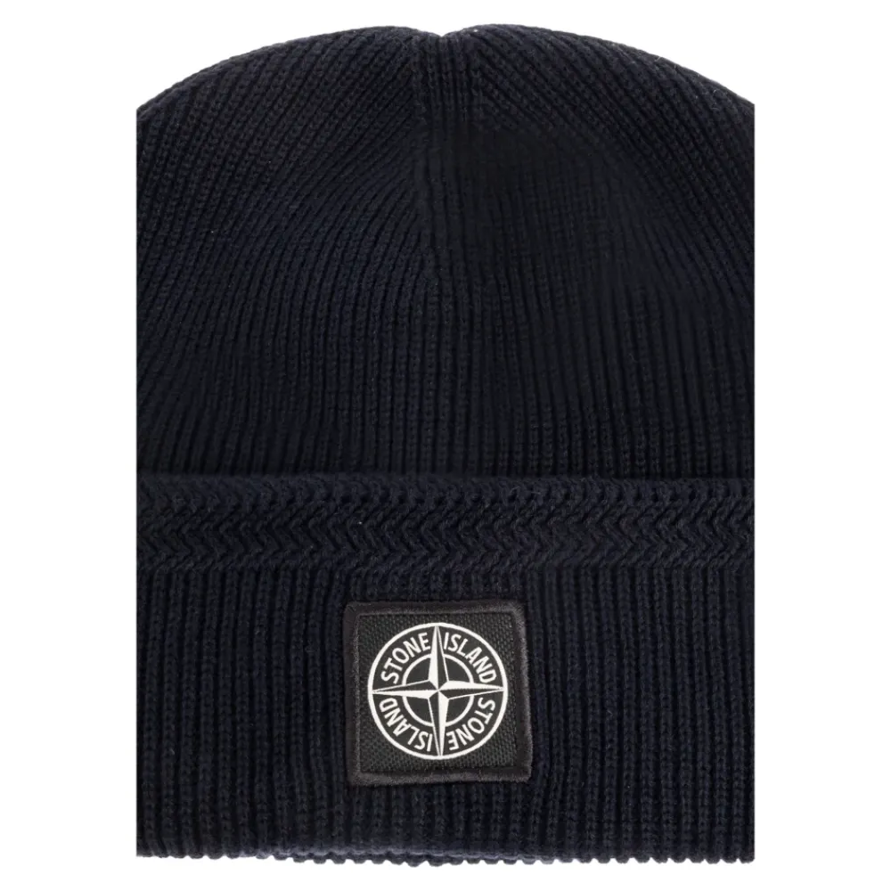Huer, Kasketter & Hatte<Stone Island Beanie med Kompaslogo-patch Blå