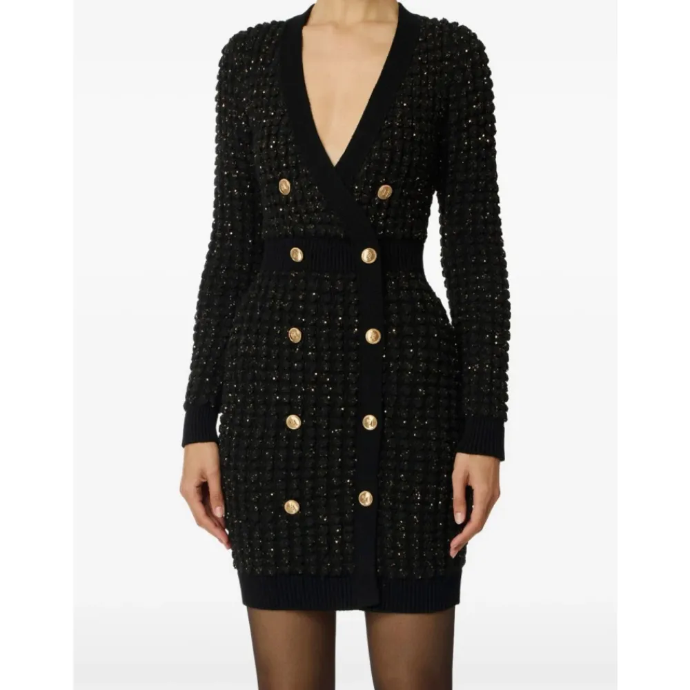 Kjoler^Elisabetta Franchi Bouclé strikkjole med pailletter Sort
