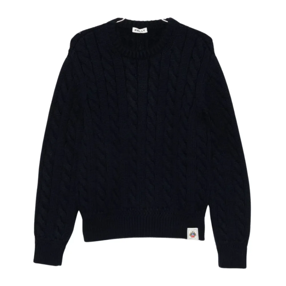 Strik<Bally Cable Knit Crew Neck Sweater Blå