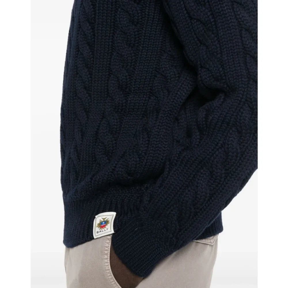Strik<Bally Cable Knit Crew Neck Sweater Blå