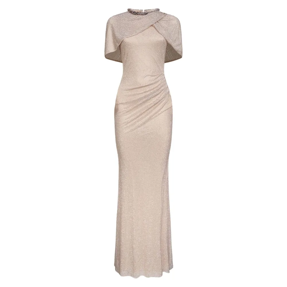 Kjoler^Self Portrait Champagne Rhinestone Maxi Kjole Beige