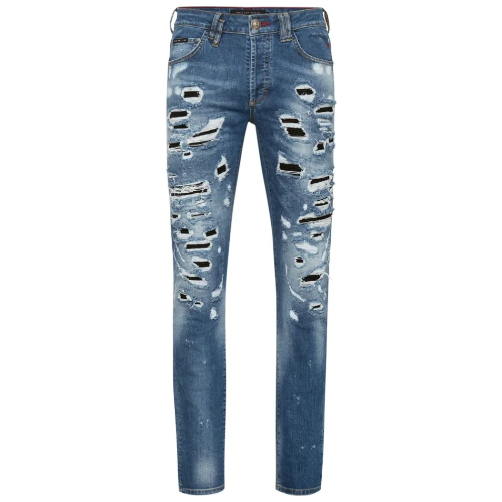 Jeans^Philipp Plein Denim Super Straight Cut Destroyed Blå