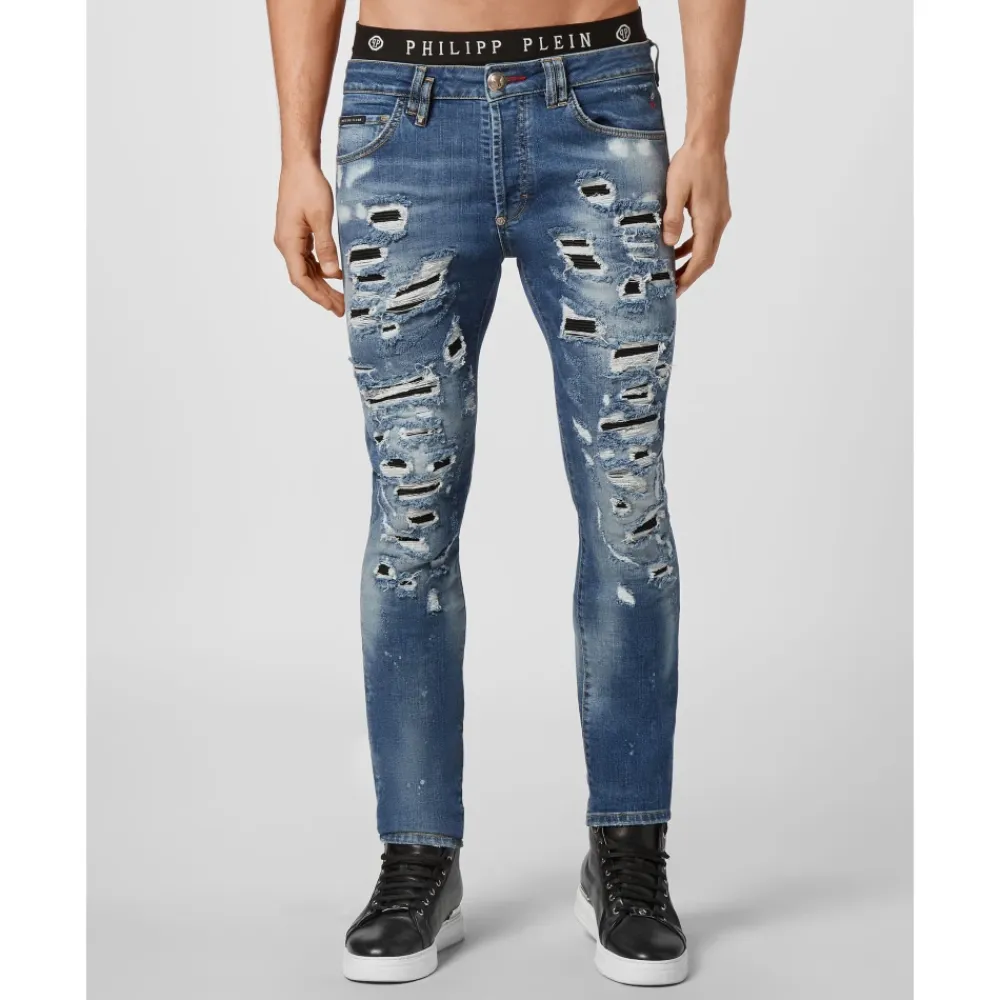 Jeans^Philipp Plein Denim Super Straight Cut Destroyed Blå