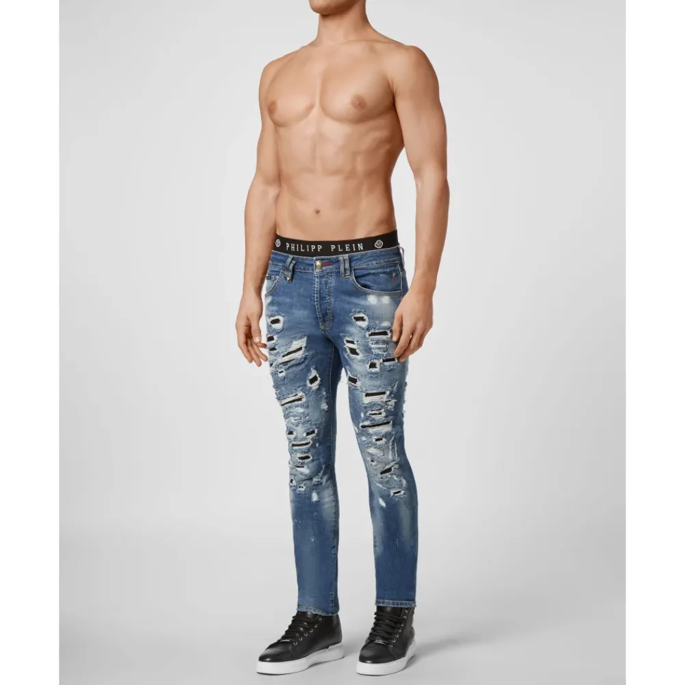 Jeans^Philipp Plein Denim Super Straight Cut Destroyed Blå