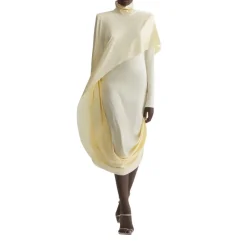 Kjoler^Mugler Draped High-Neck Midi Dress Beige