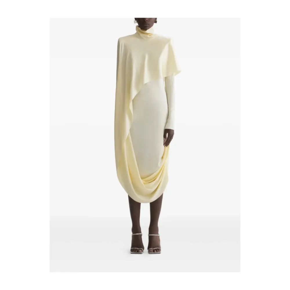 Kjoler^Mugler Draped High-Neck Midi Dress Beige