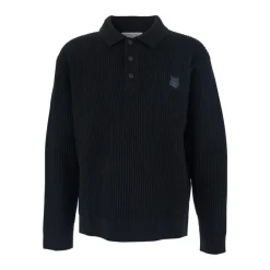 Strik<Maison Kitsuné Fox Head Wool Ribbed Polo Sweater Sort