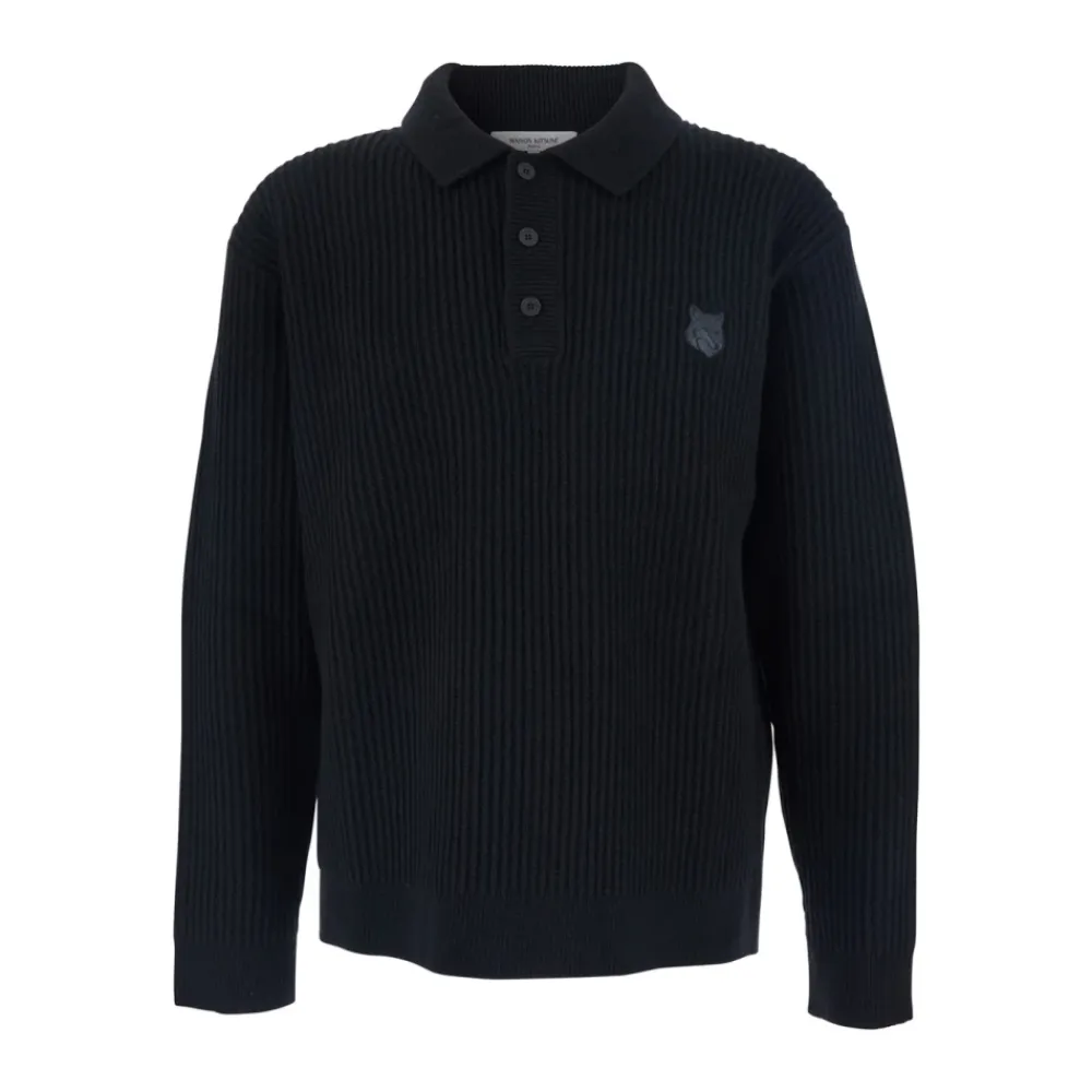 Strik<Maison Kitsuné Fox Head Wool Ribbed Polo Sweater Sort