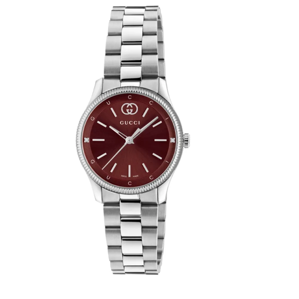 Ure<Gucci G-Timeless 29 mm rustfrit stål urkasse, burgundy urskive, rustfrit stål armbånd, kvarts bevægelse Grå