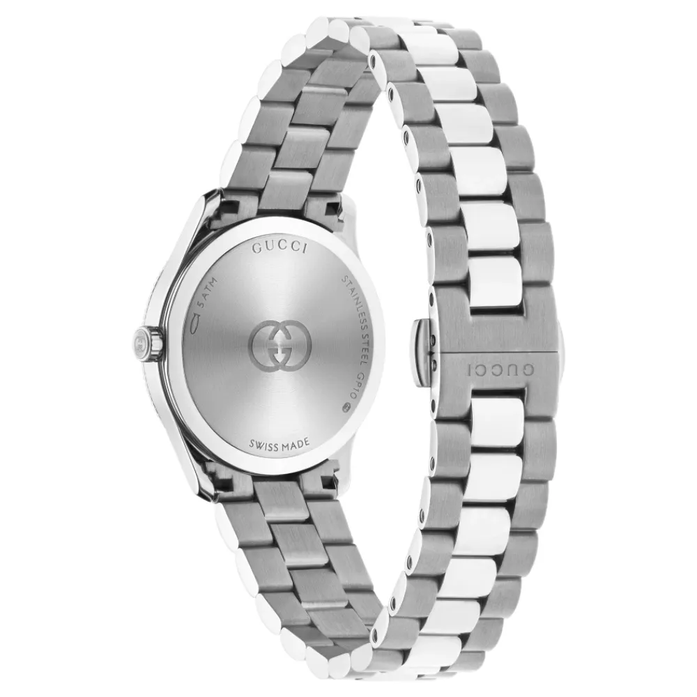 Ure<Gucci G-Timeless 29 mm rustfrit stål urkasse, burgundy urskive, rustfrit stål armbånd, kvarts bevægelse Grå