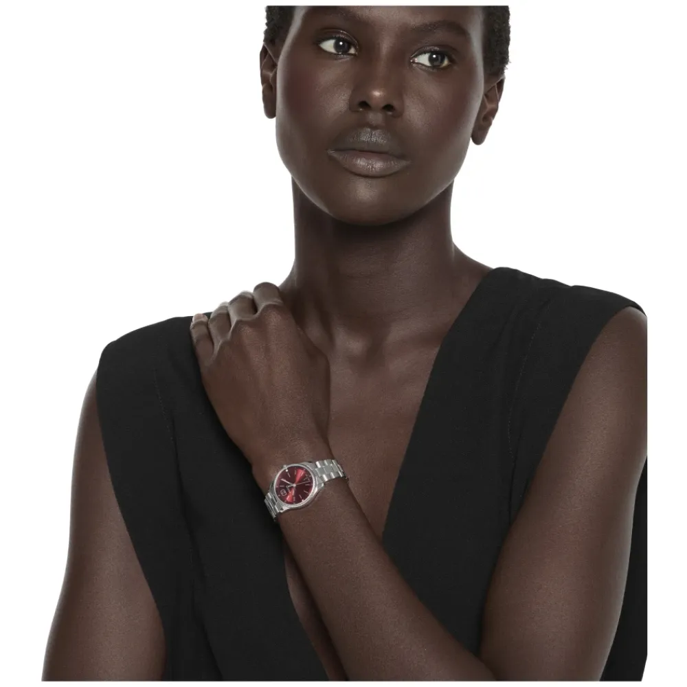 Ure<Gucci G-Timeless 29 mm rustfrit stål urkasse, burgundy urskive, rustfrit stål armbånd, kvarts bevægelse Grå