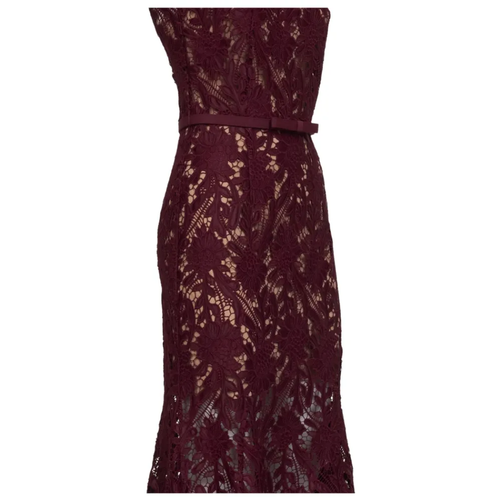 Kjoler<Self Portrait Guipure Lace Belted Midi Dress Lilla