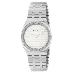 Ure<Gucci 25H Diamantbesat Ur med Rustfrit Stållænke Grå