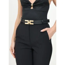 Bælter<Elisabetta Franchi High Waist Bælte med Guld Logo Spænde Sort