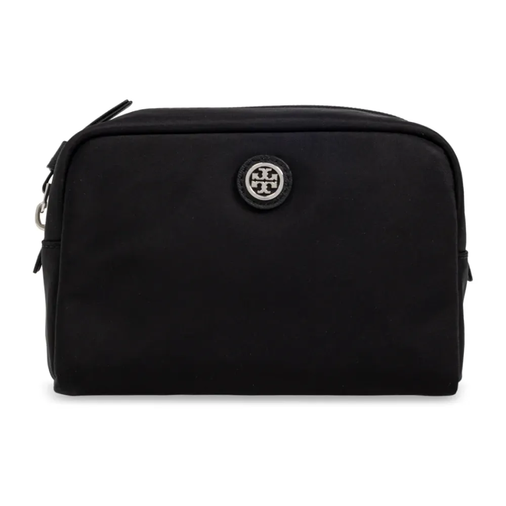 Toilettasker^Tory Burch Kosmetiktaske med logoformet applikation Sort