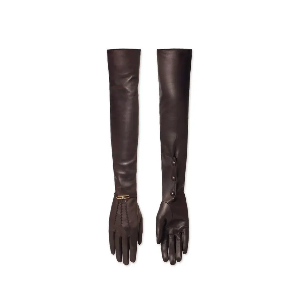 Handsker^Elisabetta Franchi Lange Nappa Handsker med Juveldetalje Brun