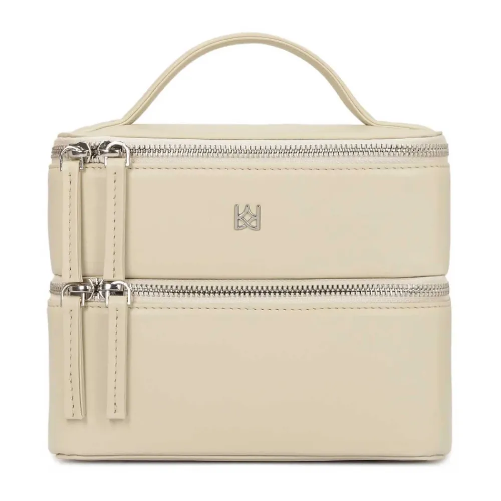 Toilettasker^Kazar Læder makeuptaske med spejl og børsteholdere Beige