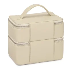 Toilettasker^Kazar Læder makeuptaske med spejl og børsteholdere Beige