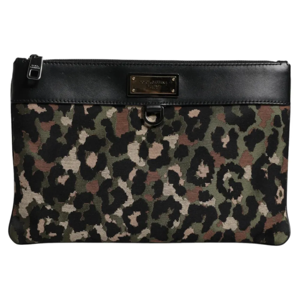 Clutch^Dolce & Gabbana Leopard Jacquard Print Logo Plaque Pouch Bag Multifarvet