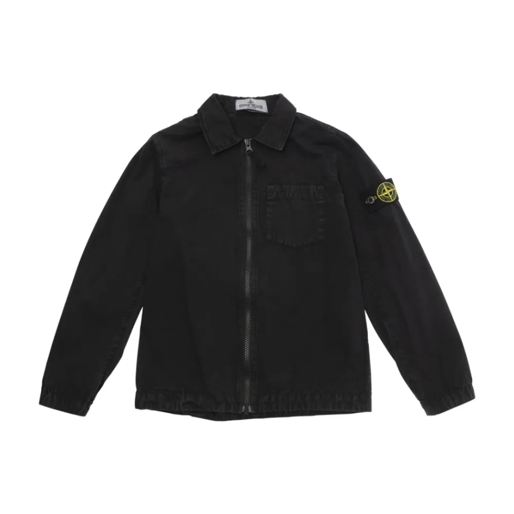 Jakker<Stone Island Logo Patch Zip-Up Skjorte Sort