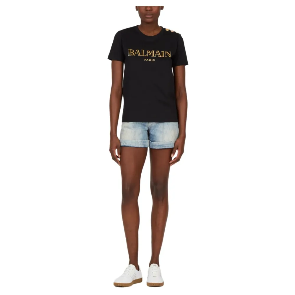 T-Shirts<Balmain Logo print T-shirt med knapper Sort