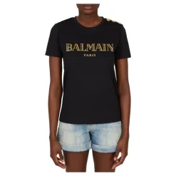 T-Shirts<Balmain Logo print T-shirt med knapper Sort