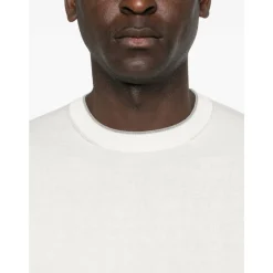 Strik<Corneliani Maglia girocollo mezza manica con bordi rigati Hvid