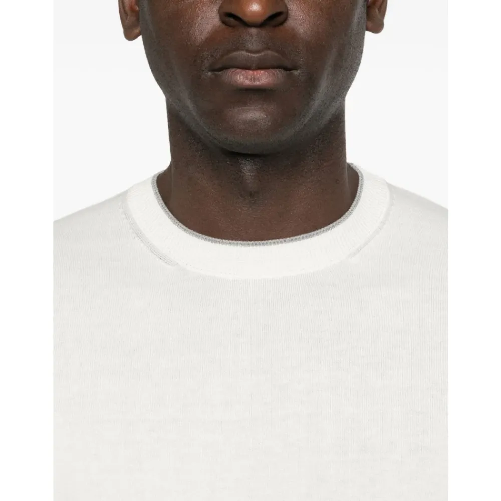 Strik<Corneliani Maglia girocollo mezza manica con bordi rigati Hvid