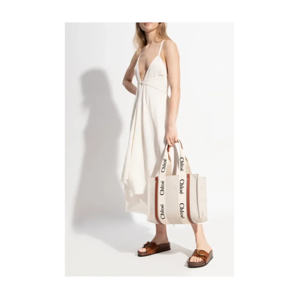 Indkøbstasker^Chloé Medium Woody Tote Bag Hvid