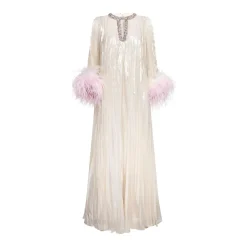 Kjoler^Self Portrait Metallic Ombre Feather Maxi Dress Beige