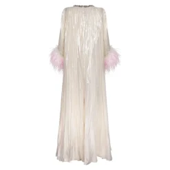 Kjoler^Self Portrait Metallic Ombre Feather Maxi Dress Beige