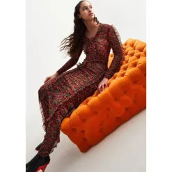 Kjoler^MSGM Micro Blomsterprint Flæse Midi Kjole i Mesh Multifarvet