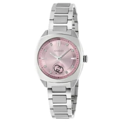 Ure^Gucci 29mm rustfrit stålkasse, lyserød skive med 8 diamanter, lille sekundvisning, rustfrit stålarmbånd Grå