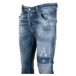 Jeans^Dsquared2 Mænds Knaphul Jeans med Læder Patch Blå