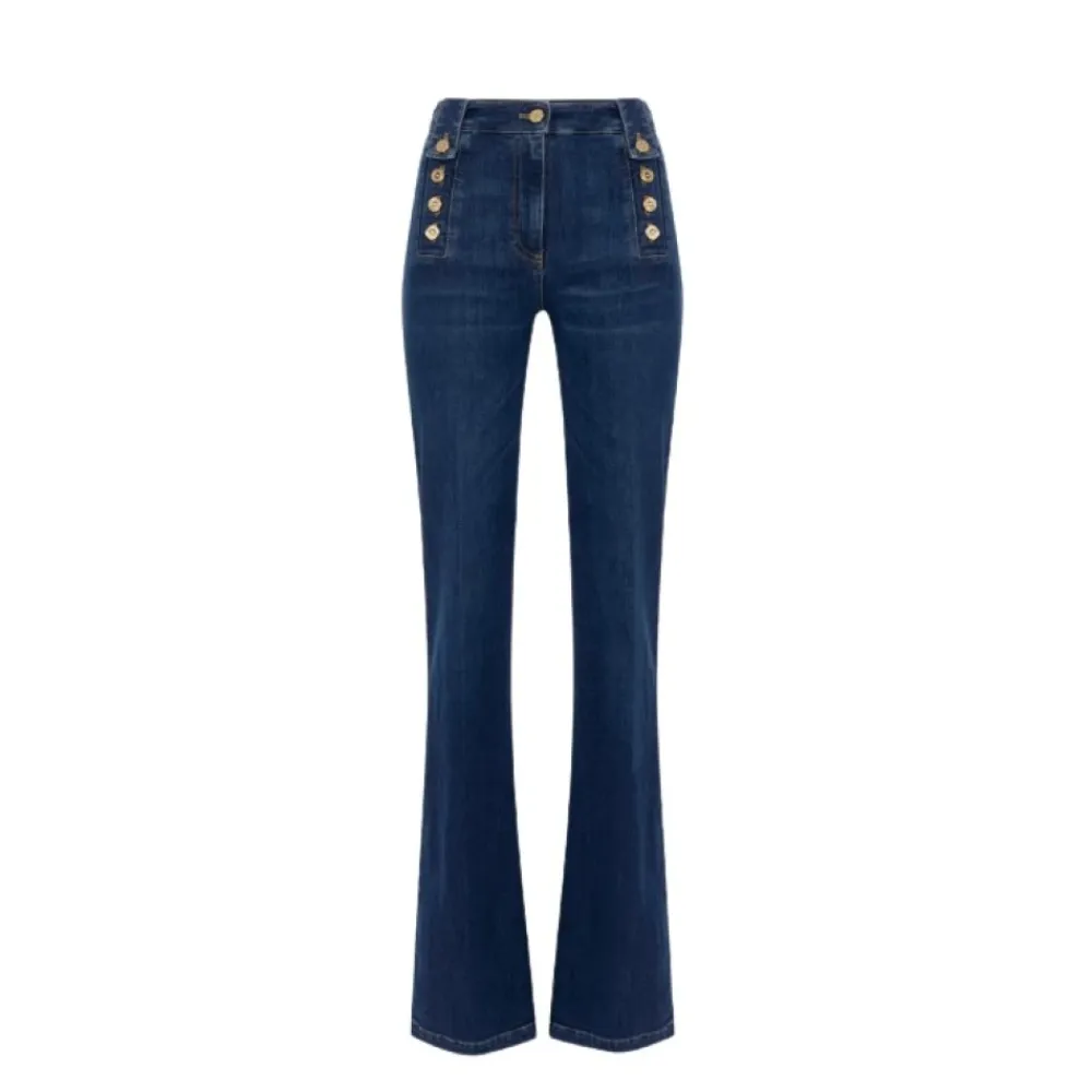 Jeans<Elisabetta Franchi Palazzo Denim Bukser med Guld Knapper Blå
