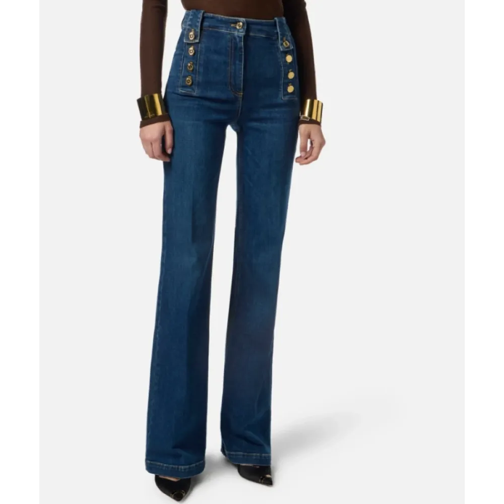 Jeans<Elisabetta Franchi Palazzo Denim Bukser med Guld Knapper Blå