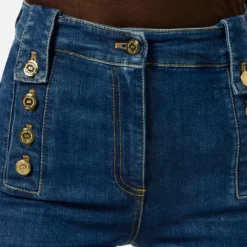 Jeans<Elisabetta Franchi Palazzo Denim Bukser med Guld Knapper Blå