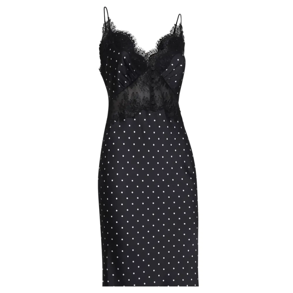Kjoler<Self Portrait Polka Dot Satin Lace Maxi Kjole Sort