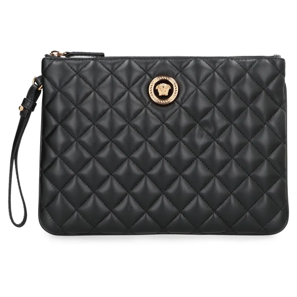 Clutch^Versace Quiltet læder flad taske med håndledsrem Sort