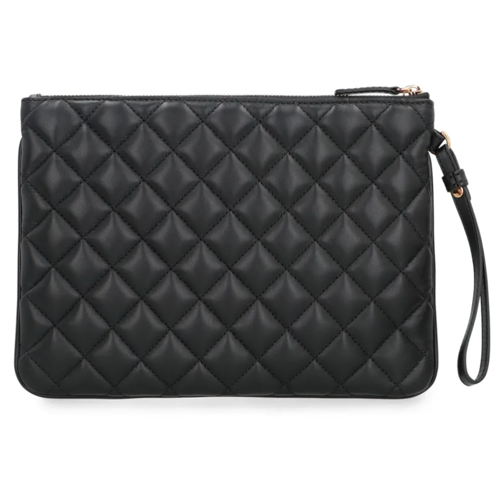 Clutch^Versace Quiltet læder flad taske med håndledsrem Sort