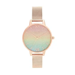 Ure<Olivia Burton Rainbow Glitter Dial Rose Gold Mesh Watch Multifarvet