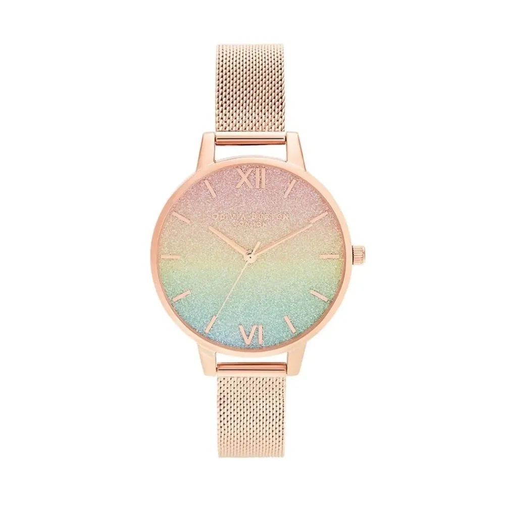 Ure<Olivia Burton Rainbow Glitter Dial Rose Gold Mesh Watch Multifarvet